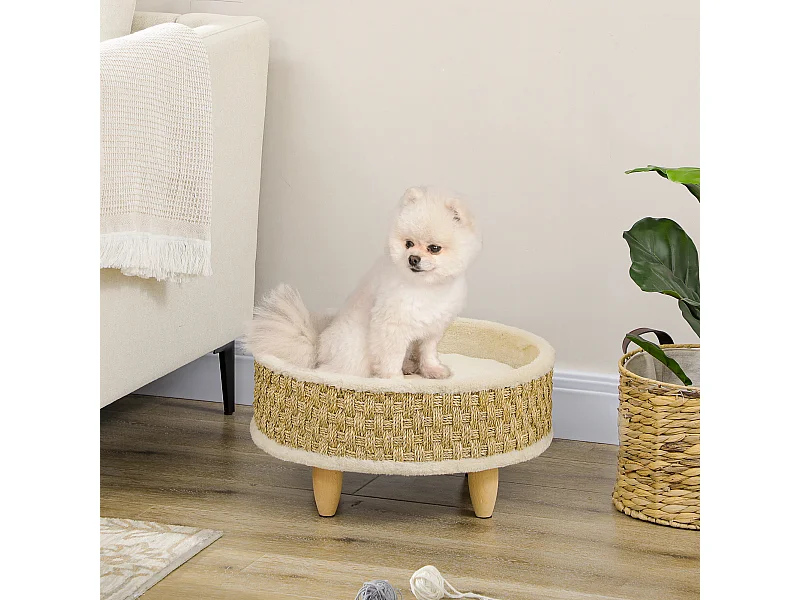 Canapé panier lit chien chat style cosy naturel - coussin inclus - dim. Ø 48 x 24,5H cm - bois pin jonc de mer