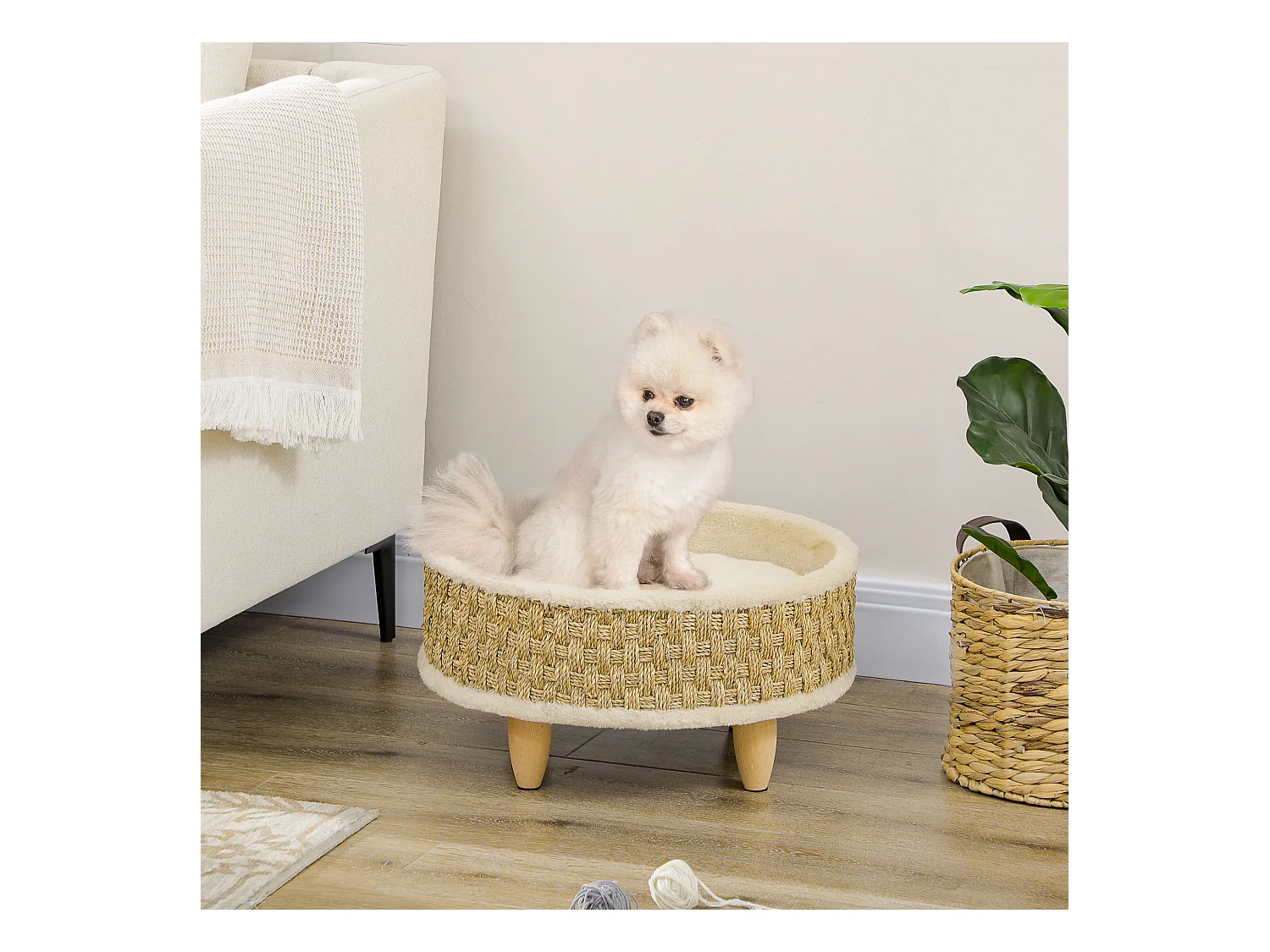 Canapé panier lit chien chat style cosy naturel - coussin inclus - dim. Ø 48 x 24,5H cm - bois pin jonc de mer