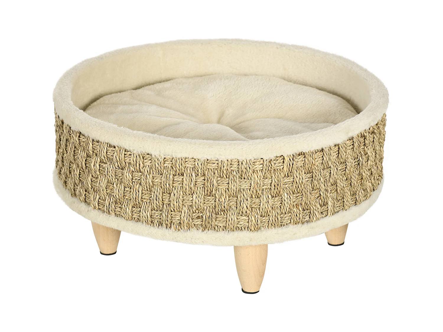 Canapé panier lit chien chat style cosy naturel - coussin inclus - dim. Ø 48 x 24,5H cm - bois pin jonc de mer
