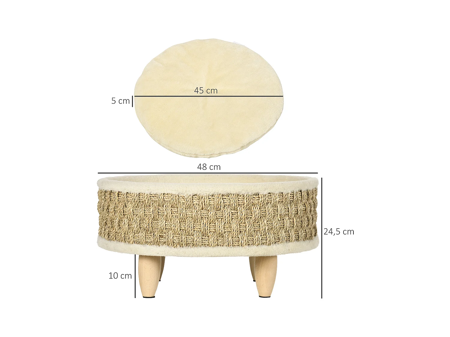 Canapé panier lit chien chat style cosy naturel - coussin inclus - dim. Ø 48 x 24,5H cm - bois pin jonc de mer