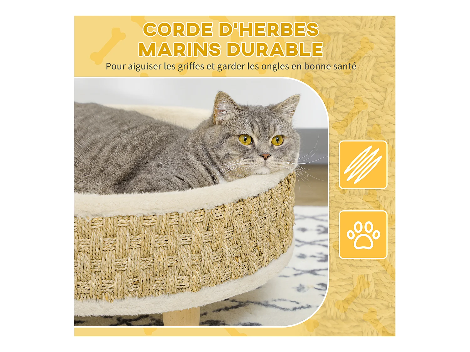 Canapé panier lit chien chat style cosy naturel - coussin inclus - dim. Ø 48 x 24,5H cm - bois pin jonc de mer