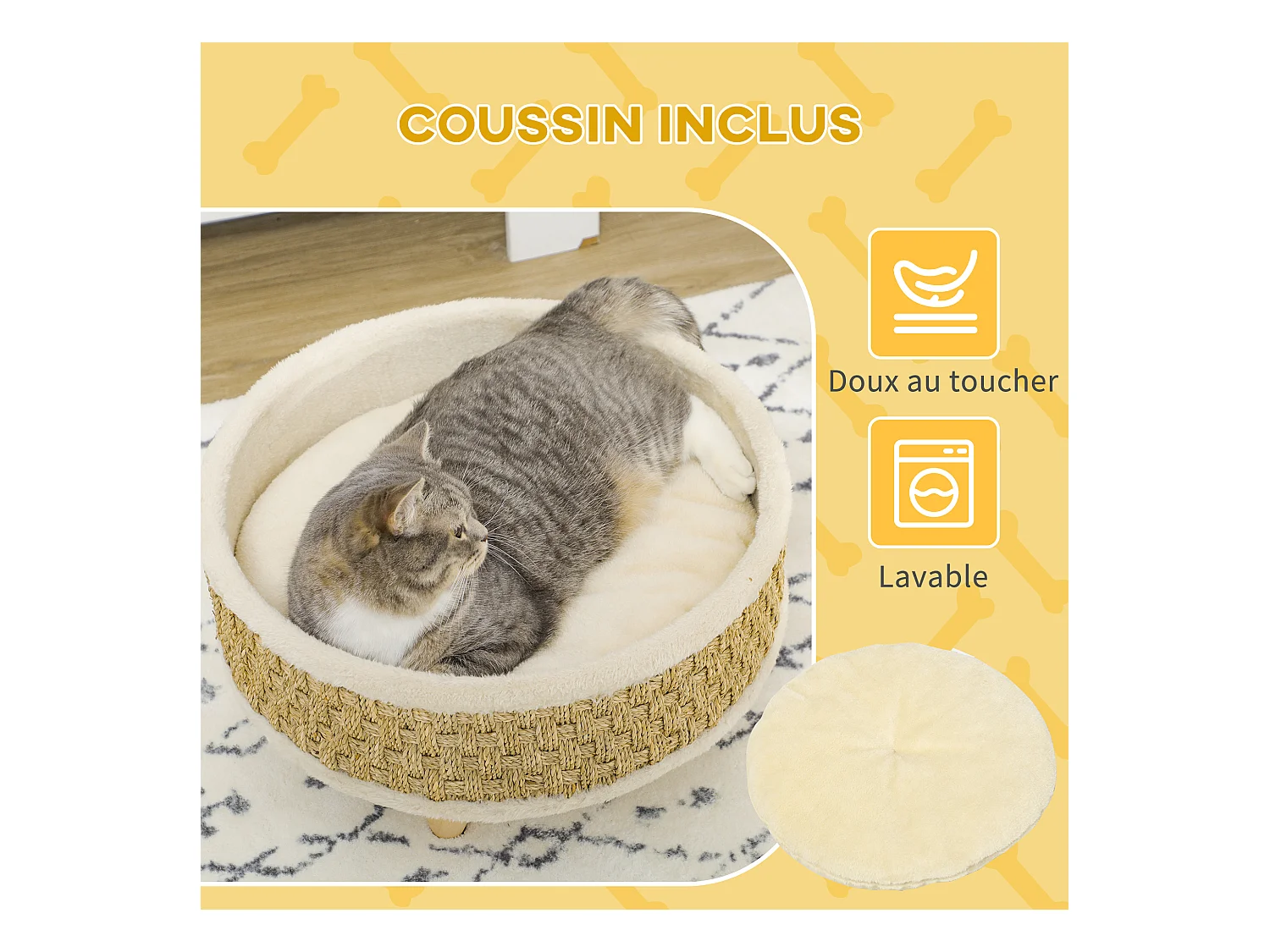 Canapé panier lit chien chat style cosy naturel - coussin inclus - dim. Ø 48 x 24,5H cm - bois pin jonc de mer