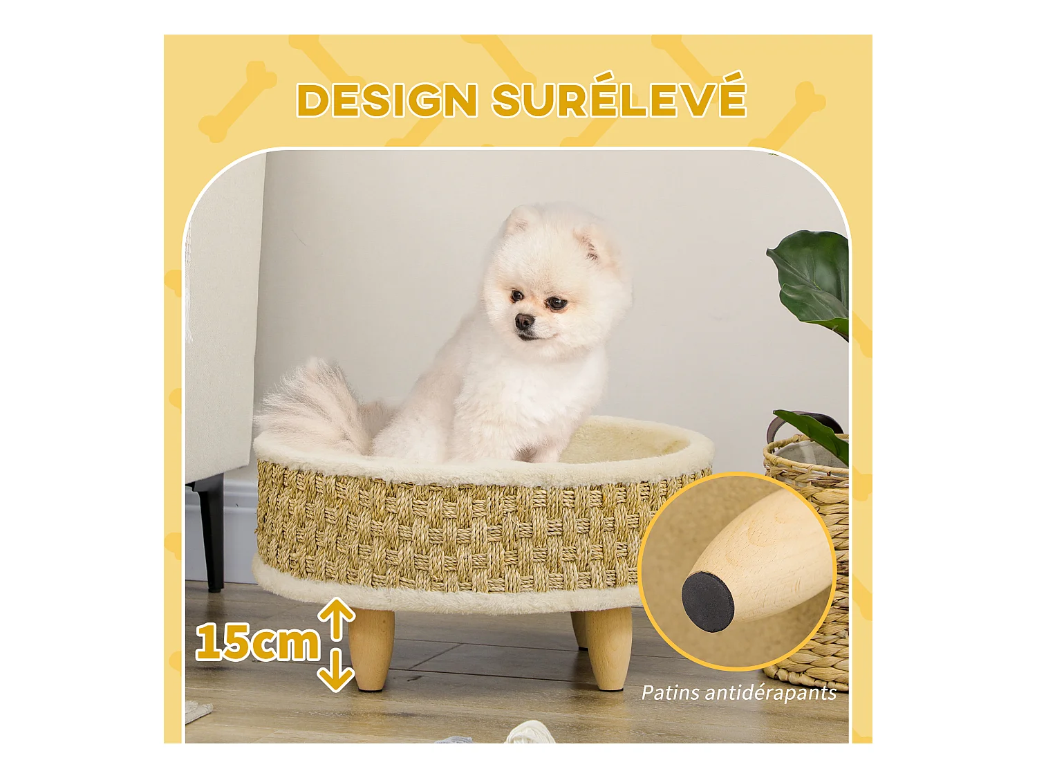 Canapé panier lit chien chat style cosy naturel - coussin inclus - dim. Ø 48 x 24,5H cm - bois pin jonc de mer