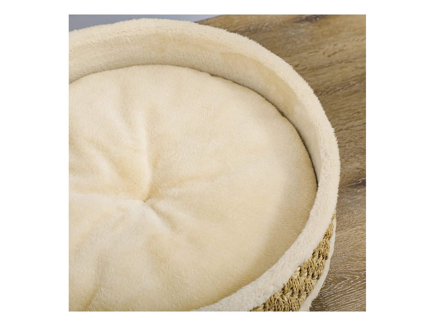 Canapé panier lit chien chat style cosy naturel - coussin inclus - dim. Ø 48 x 24,5H cm - bois pin jonc de mer