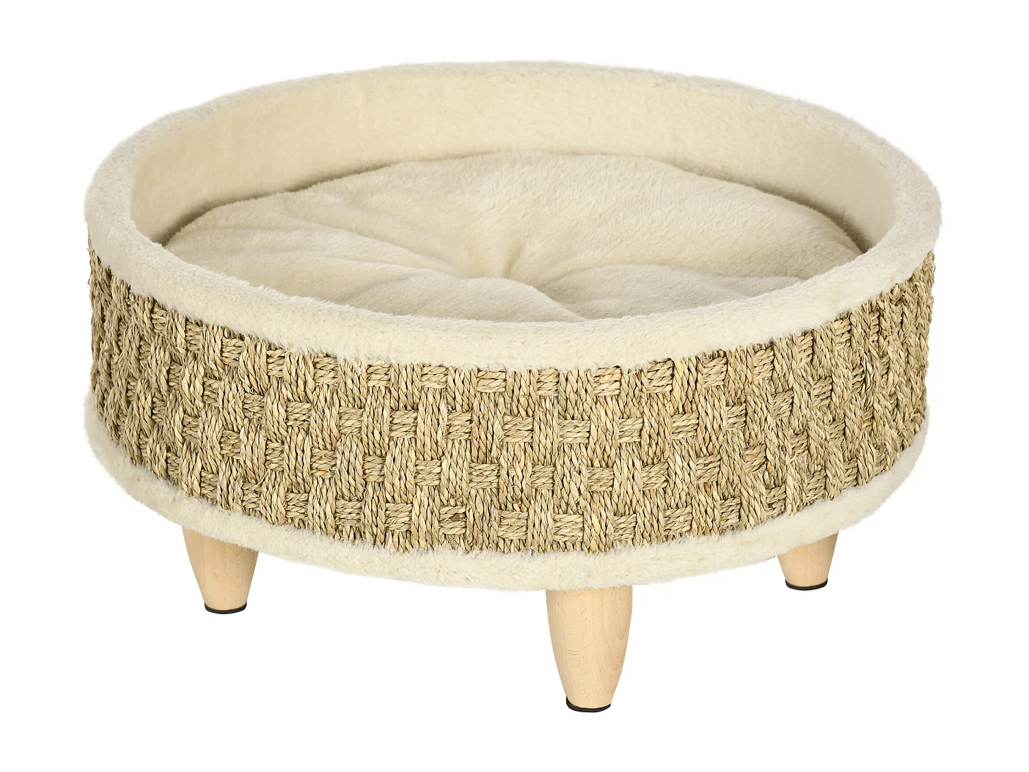 Canapé panier lit chien chat style cosy naturel - coussin inclus - dim. Ø 48 x 24,5H cm - bois pin jonc de mer