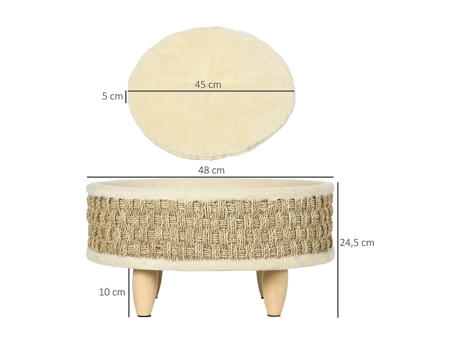 Canapé panier lit chien chat style cosy naturel - coussin inclus - dim. Ø 48 x 24,5H cm - bois pin jonc de mer