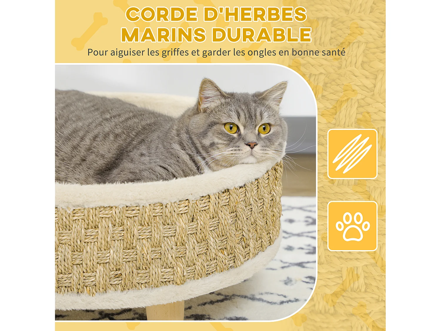 Canapé panier lit chien chat style cosy naturel - coussin inclus - dim. Ø 48 x 24,5H cm - bois pin jonc de mer
