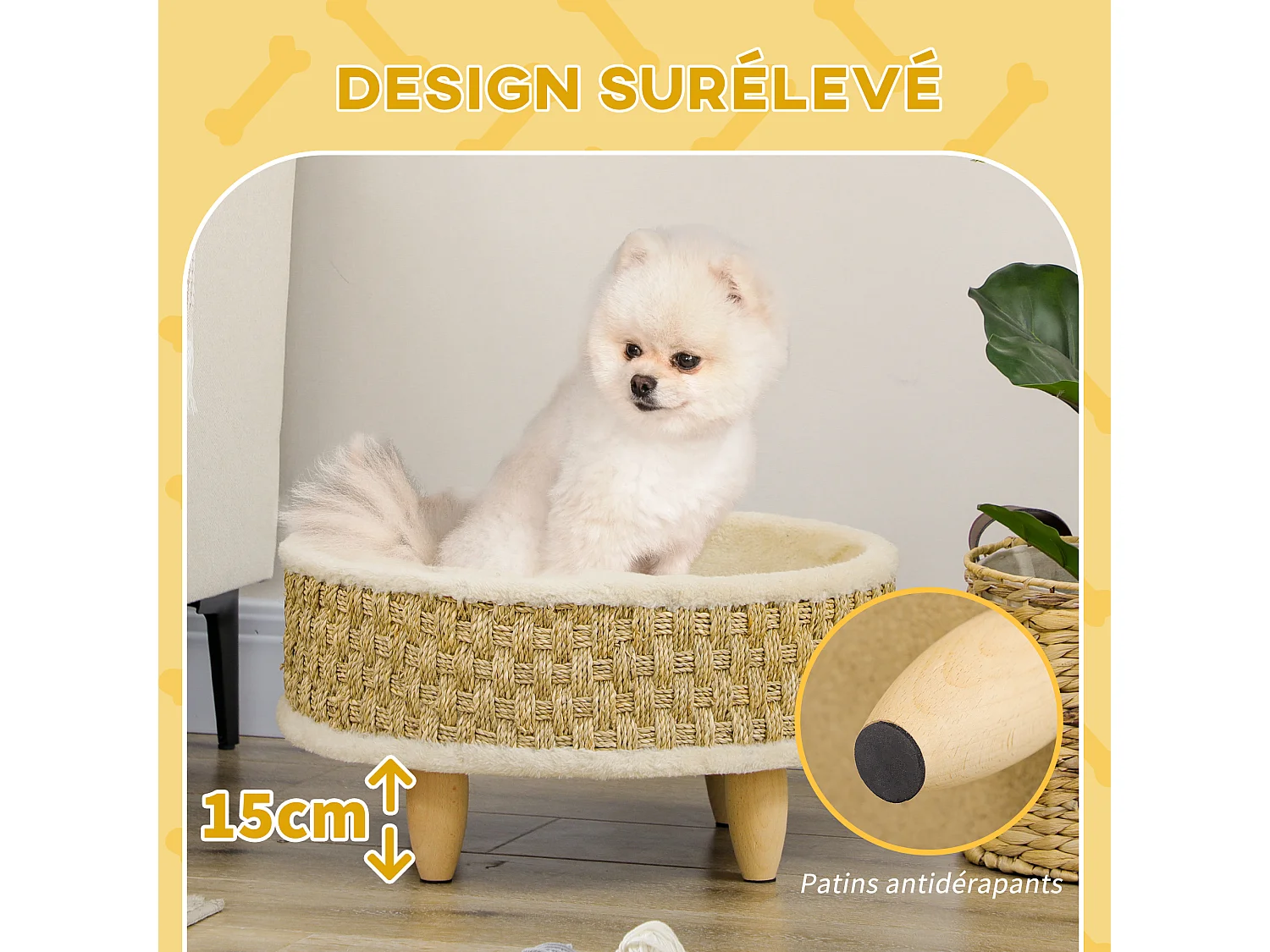 Canapé panier lit chien chat style cosy naturel - coussin inclus - dim. Ø 48 x 24,5H cm - bois pin jonc de mer