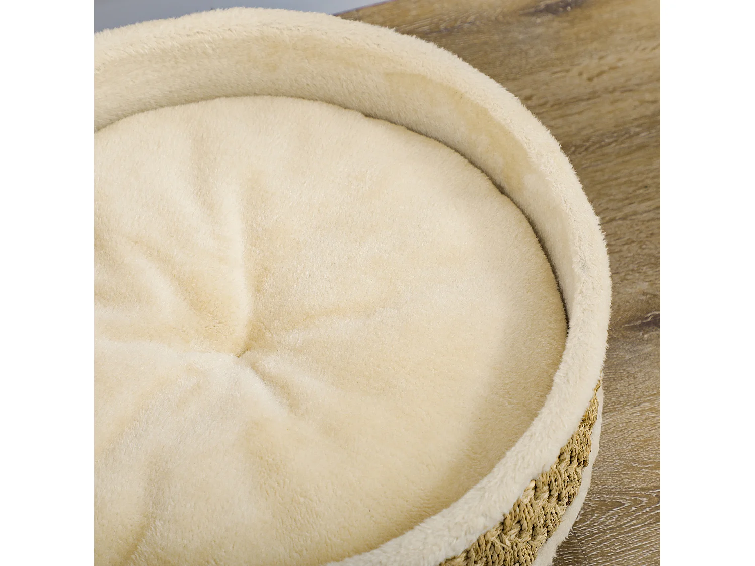 Canapé panier lit chien chat style cosy naturel - coussin inclus - dim. Ø 48 x 24,5H cm - bois pin jonc de mer