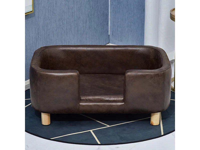 Canapé chien lit pour chien chat avec rebord coussin moelleux pieds bois massif dim. 74 x 48,5 x 31 cm revêtement micro-fibre chocolat