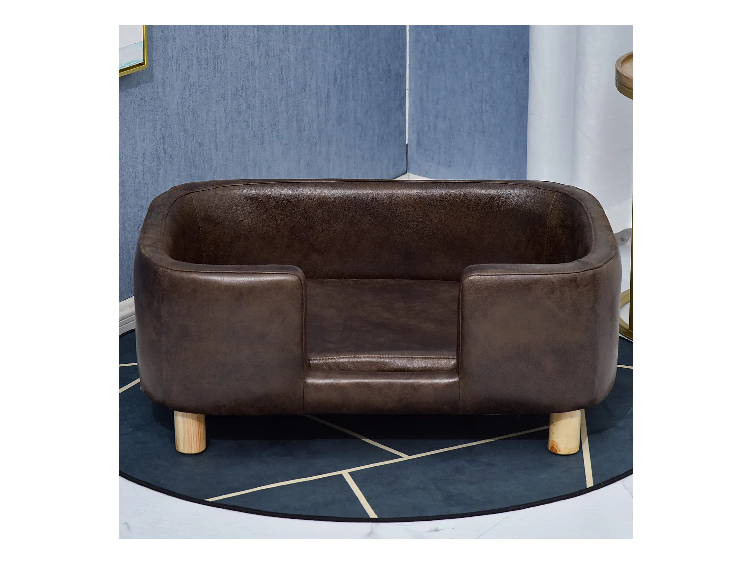 Canapé chien lit pour chien chat avec rebord coussin moelleux pieds bois massif dim. 74 x 48,5 x 31 cm revêtement micro-fibre chocolat