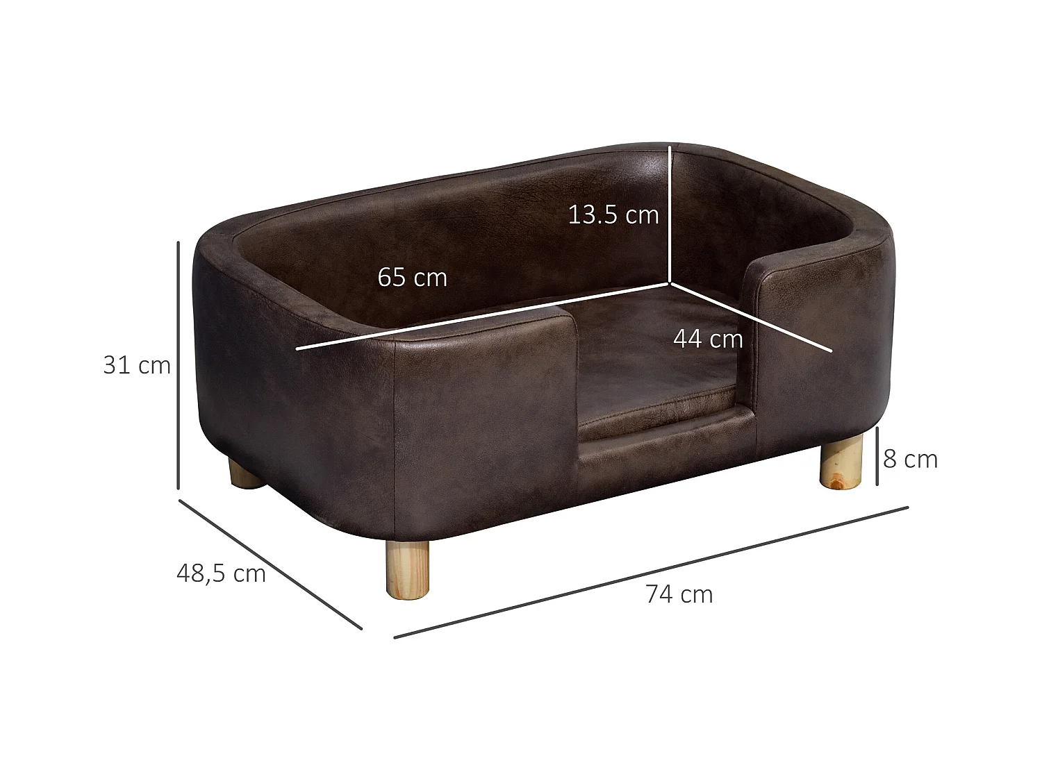Canapé chien lit pour chien chat avec rebord coussin moelleux pieds bois massif dim. 74 x 48,5 x 31 cm revêtement micro-fibre chocolat