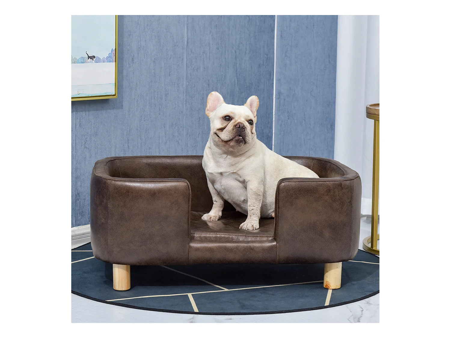 Canapé chien lit pour chien chat avec rebord coussin moelleux pieds bois massif dim. 74 x 48,5 x 31 cm revêtement micro-fibre chocolat