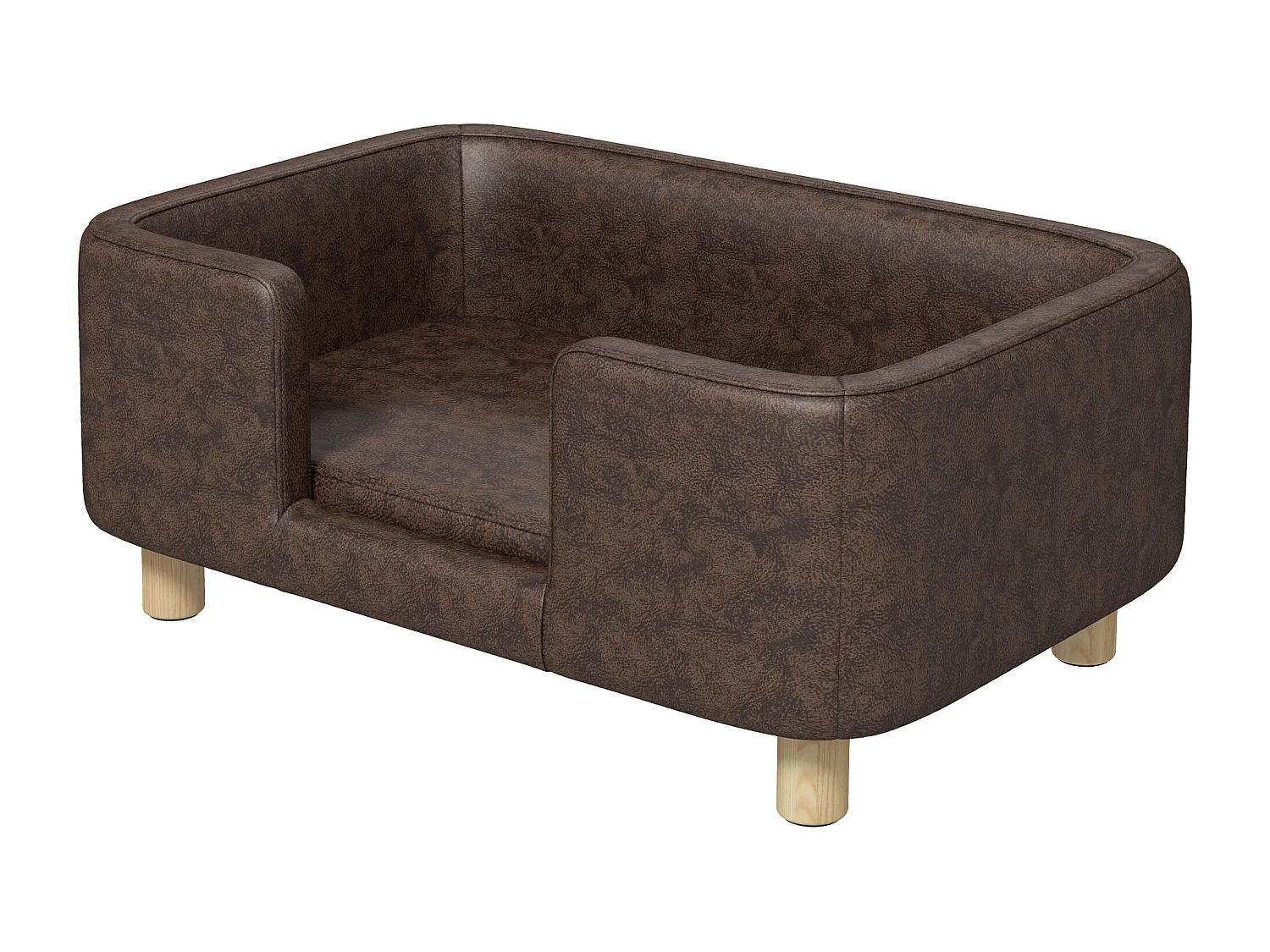 Canapé chien lit pour chien chat avec rebord coussin moelleux pieds bois massif dim. 74 x 48,5 x 31 cm revêtement micro-fibre chocolat