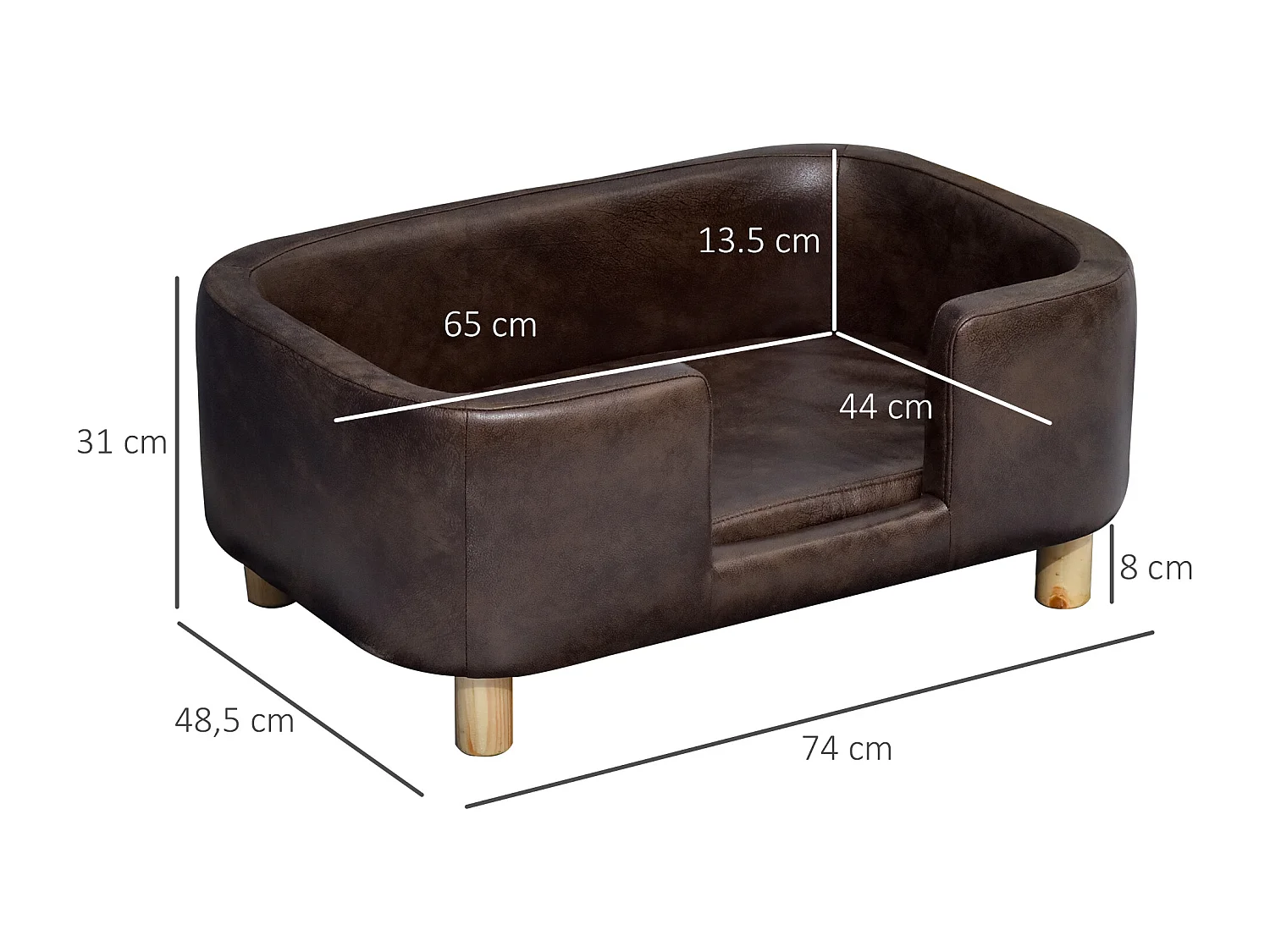 Canapé chien lit pour chien chat avec rebord coussin moelleux pieds bois massif dim. 74 x 48,5 x 31 cm revêtement micro-fibre chocolat