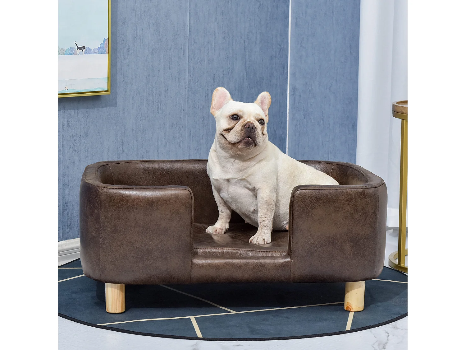 Canapé chien lit pour chien chat avec rebord coussin moelleux pieds bois massif dim. 74 x 48,5 x 31 cm revêtement micro-fibre chocolat