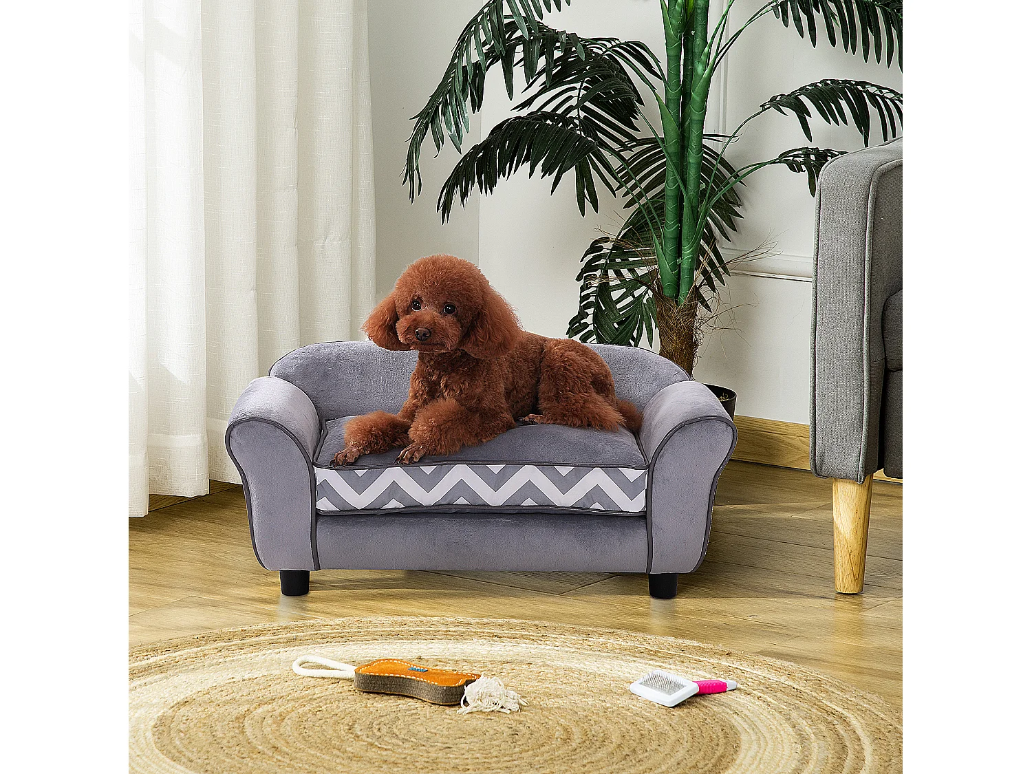 Canapé chien chat sur pied style graphique contemporain coussin amovible lavable grand confort 74L x 41l x 33H cm gris blanc