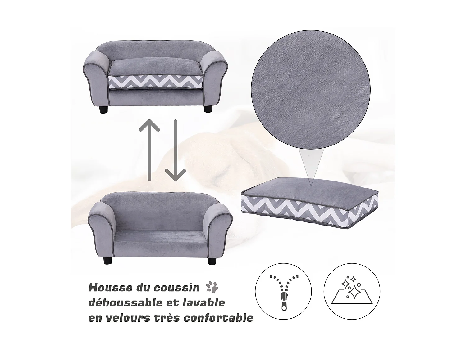 Canapé chien chat sur pied style graphique contemporain coussin amovible lavable grand confort 74L x 41l x 33H cm gris blanc