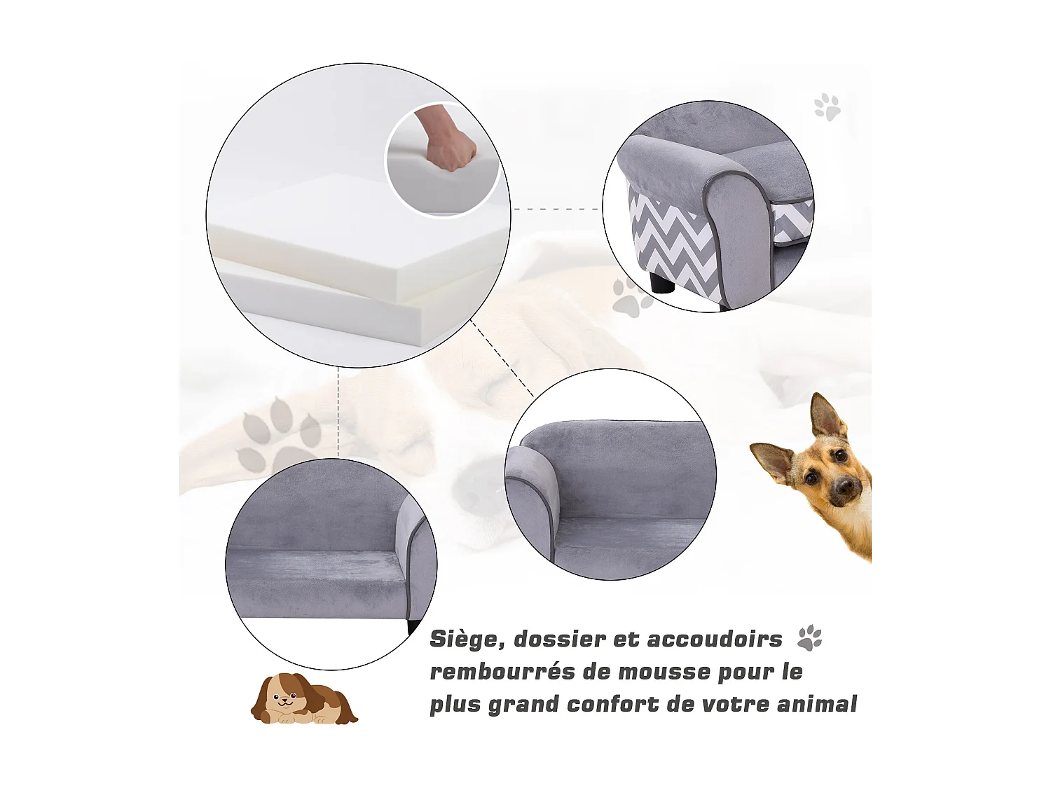 Canapé chien chat sur pied style graphique contemporain coussin amovible lavable grand confort 74L x 41l x 33H cm gris blanc