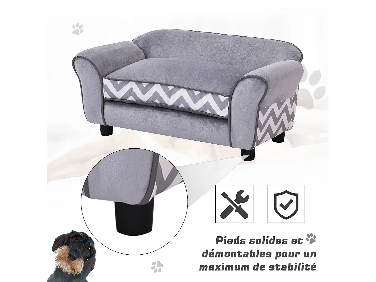Canapé chien chat sur pied style graphique contemporain coussin amovible lavable grand confort 74L x 41l x 33H cm gris blanc