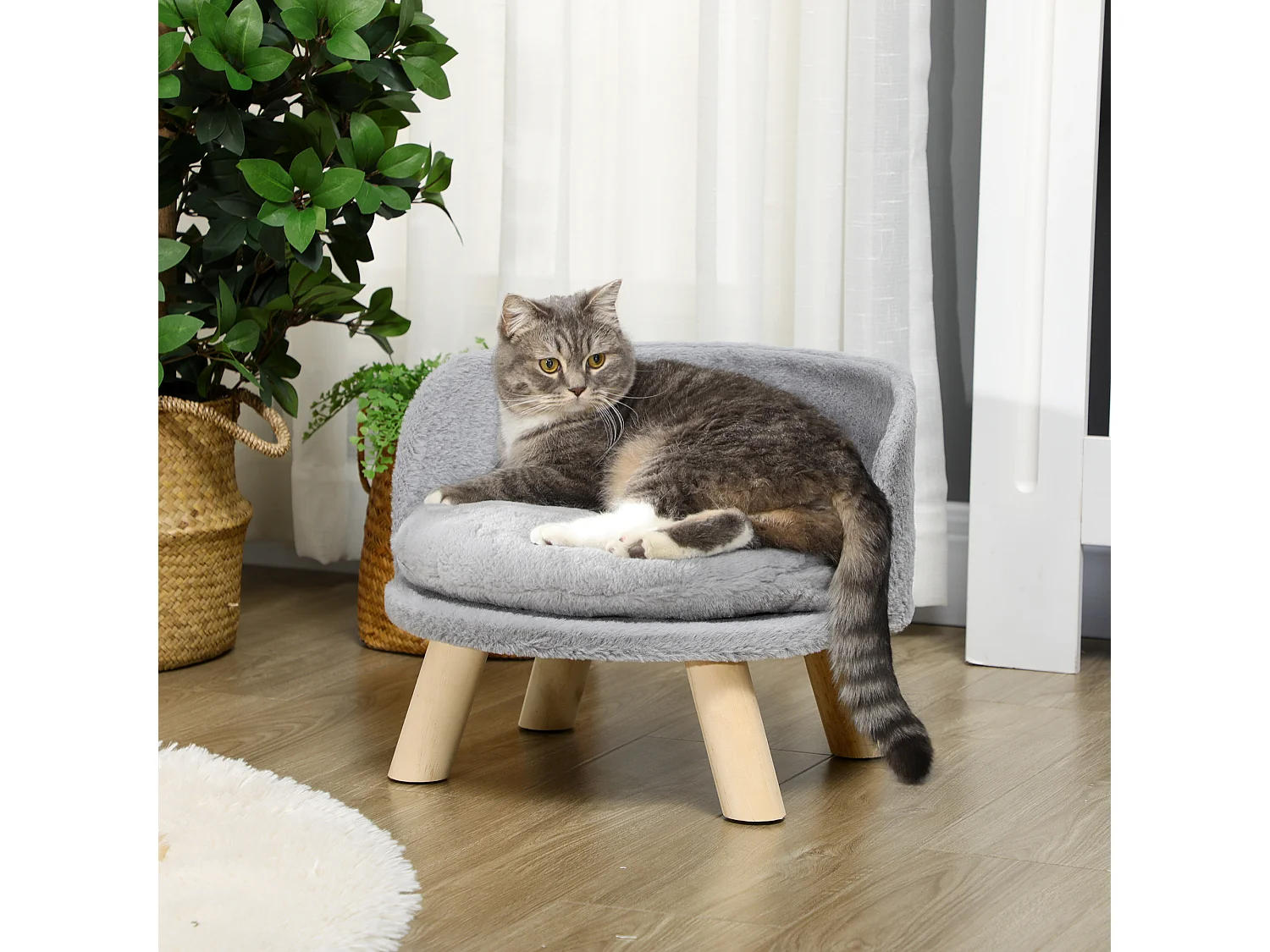 Canapé lit panier pour chien design scandinave coussin moelleux amovible pieds en bois Ø 40,5 x 33H cm gris