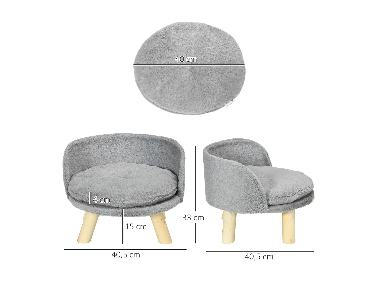 Canapé lit panier pour chien design scandinave coussin moelleux amovible pieds en bois Ø 40,5 x 33H cm gris