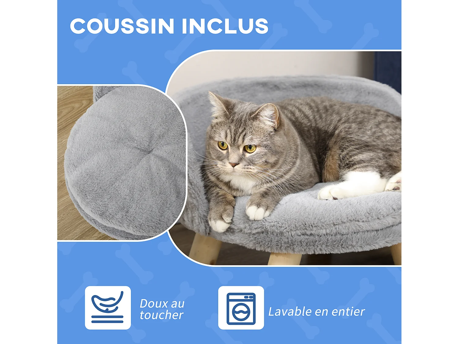 Canapé lit panier pour chien design scandinave coussin moelleux amovible pieds en bois Ø 40,5 x 33H cm gris