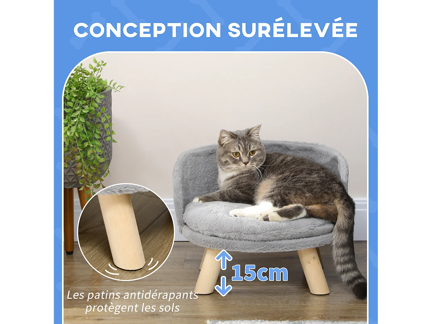 Canapé lit panier pour chien design scandinave coussin moelleux amovible pieds en bois Ø 40,5 x 33H cm gris