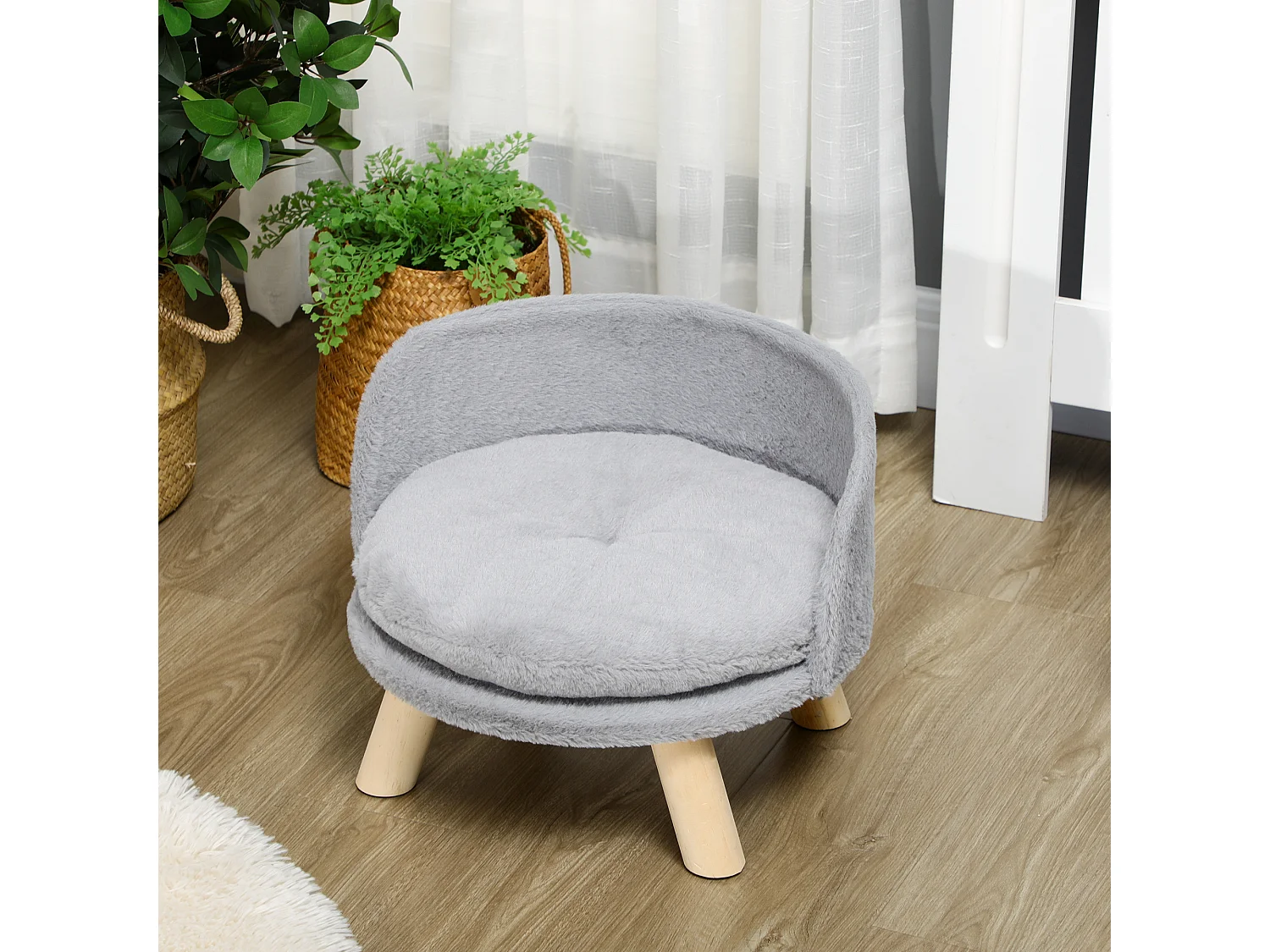 Canapé lit panier pour chien design scandinave coussin moelleux amovible pieds en bois Ø 40,5 x 33H cm gris