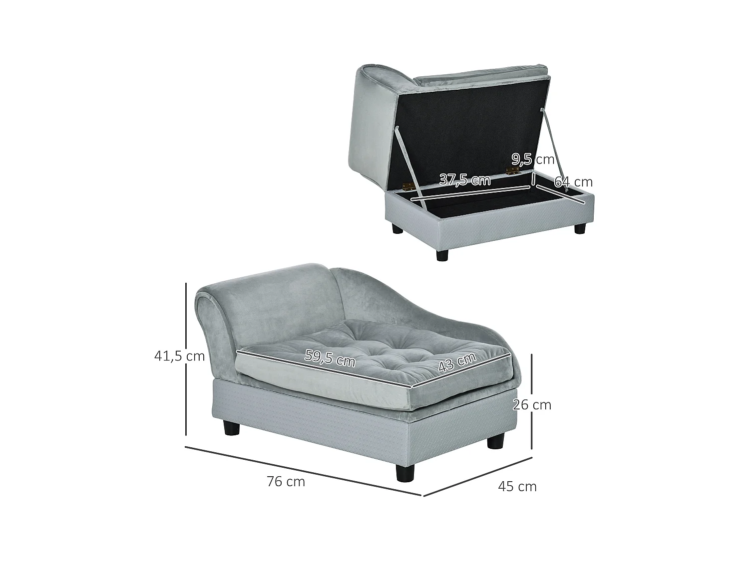 Canapé Chien Chat sur Pied avec Coffre de Rangement Style Moderne Coussin d'assise Amovible Grand Confort 76 x 45 x 41,5 cm Bleu