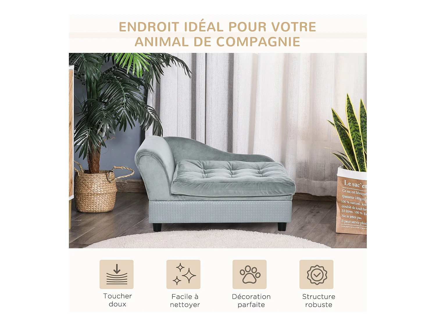 Canapé Chien Chat sur Pied avec Coffre de Rangement Style Moderne Coussin d'assise Amovible Grand Confort 76 x 45 x 41,5 cm Bleu