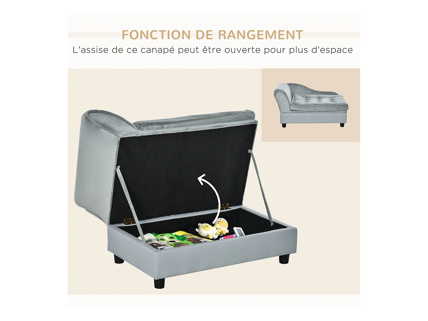 Canapé Chien Chat sur Pied avec Coffre de Rangement Style Moderne Coussin d'assise Amovible Grand Confort 76 x 45 x 41,5 cm Bleu