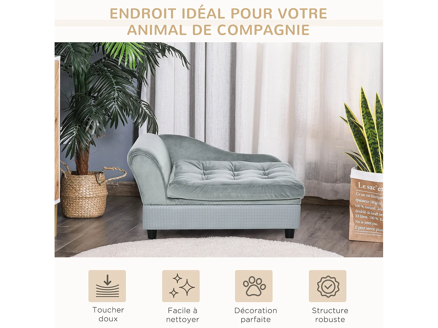 Canapé Chien Chat sur Pied avec Coffre de Rangement Style Moderne Coussin d'assise Amovible Grand Confort 76 x 45 x 41,5 cm Bleu