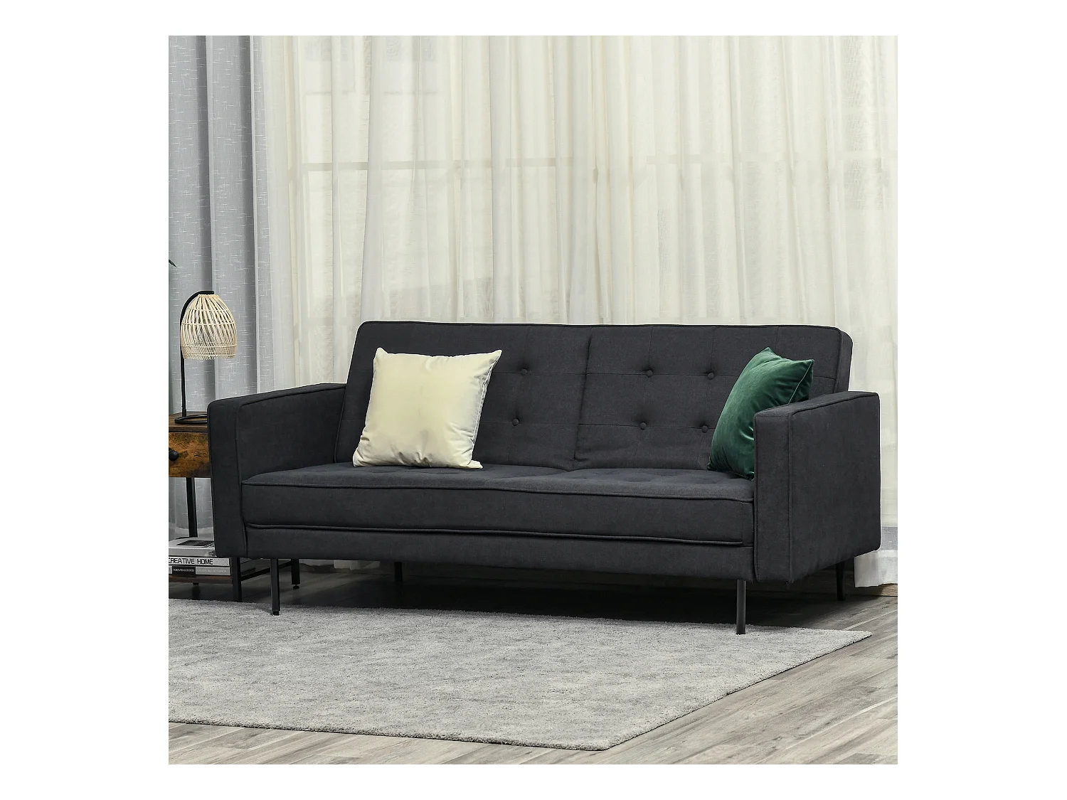 Canapé convertible 2 places style Chesterfield capitonné dossier inclinable 3 positions tissu gris foncé