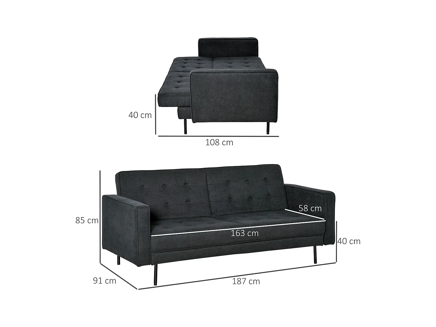 Canapé convertible 2 places style Chesterfield capitonné dossier inclinable 3 positions tissu gris foncé