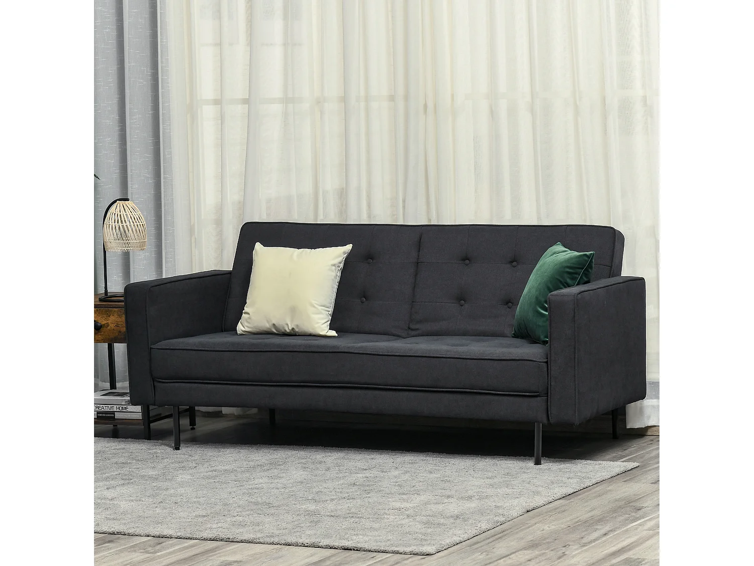 Canapé convertible 2 places style Chesterfield capitonné dossier inclinable 3 positions tissu gris foncé