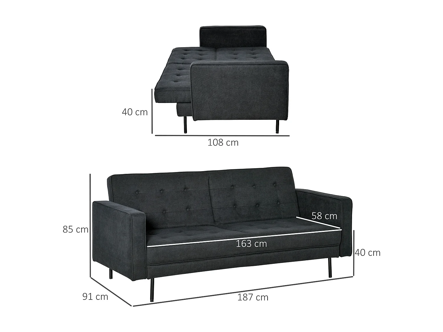 Canapé convertible 2 places style Chesterfield capitonné dossier inclinable 3 positions tissu gris foncé