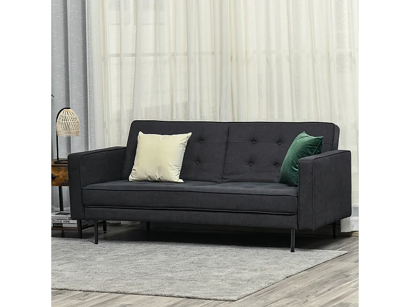 Canapé convertible 2 places style Chesterfield capitonné dossier inclinable 3 positions tissu gris foncé