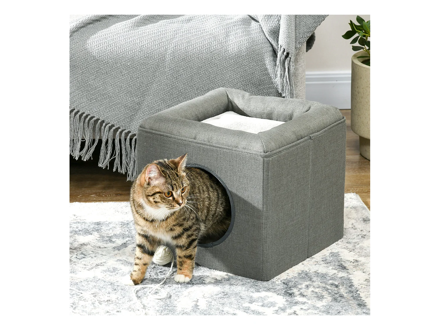 Panier chat pouf 2 en 1 - coussin amovible lavable - MDF PVC tissu aspect lin vert de gris