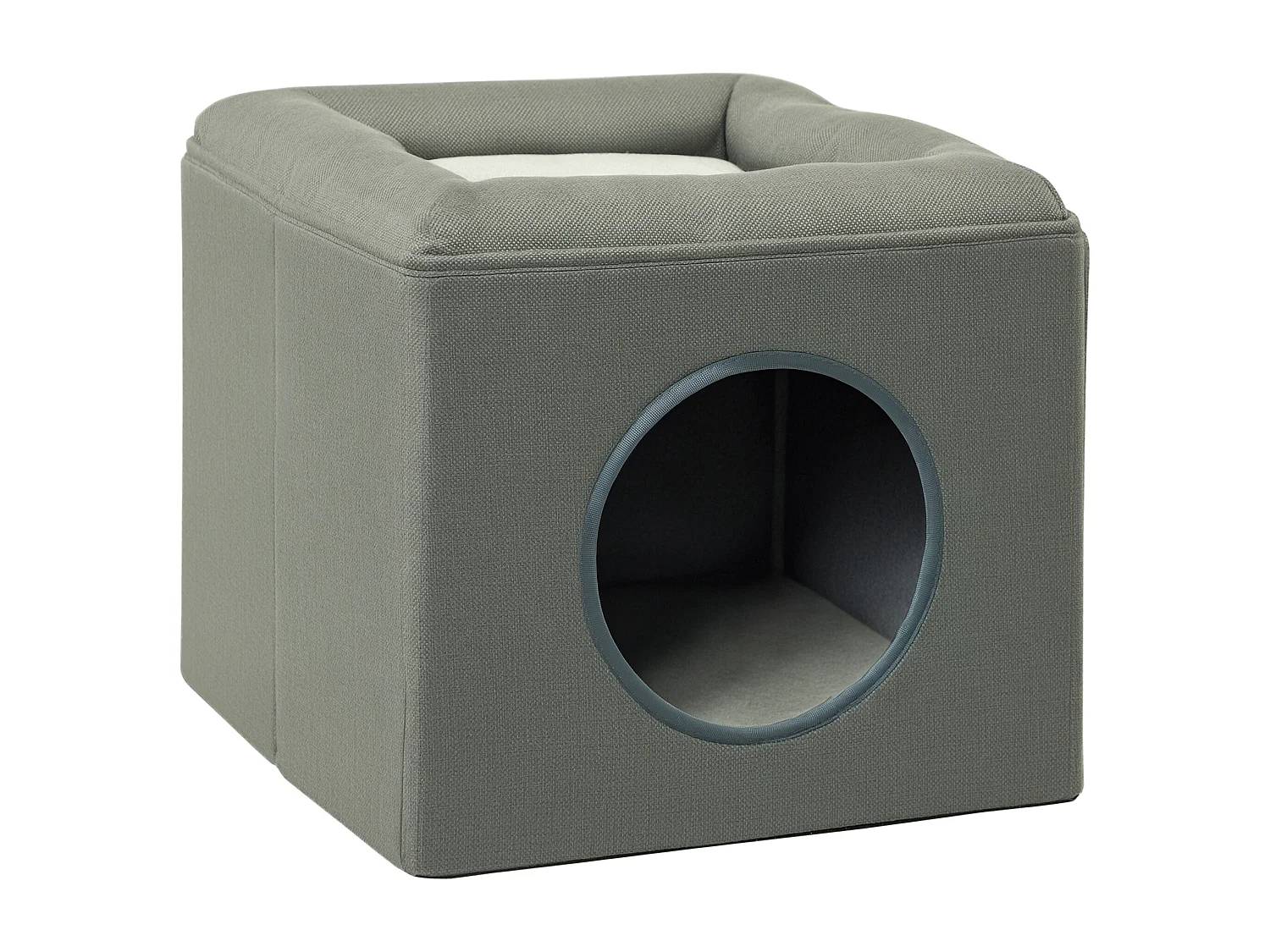 Panier chat pouf 2 en 1 - coussin amovible lavable - MDF PVC tissu aspect lin vert de gris