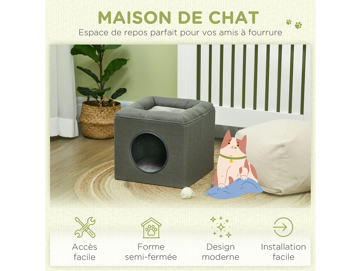Panier chat pouf 2 en 1 - coussin amovible lavable - MDF PVC tissu aspect lin vert de gris