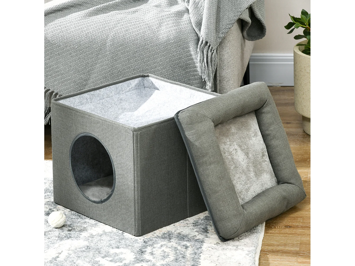 Panier chat pouf 2 en 1 - coussin amovible lavable - MDF PVC tissu aspect lin vert de gris