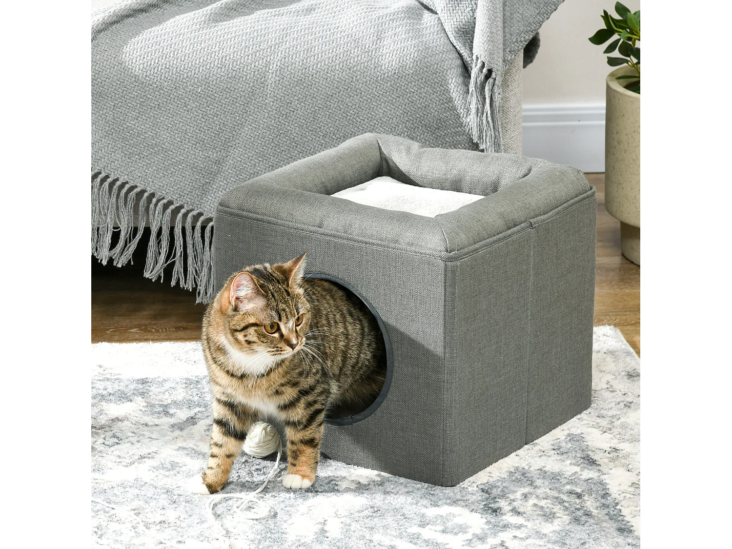 Panier chat pouf 2 en 1 - coussin amovible lavable - MDF PVC tissu aspect lin vert de gris