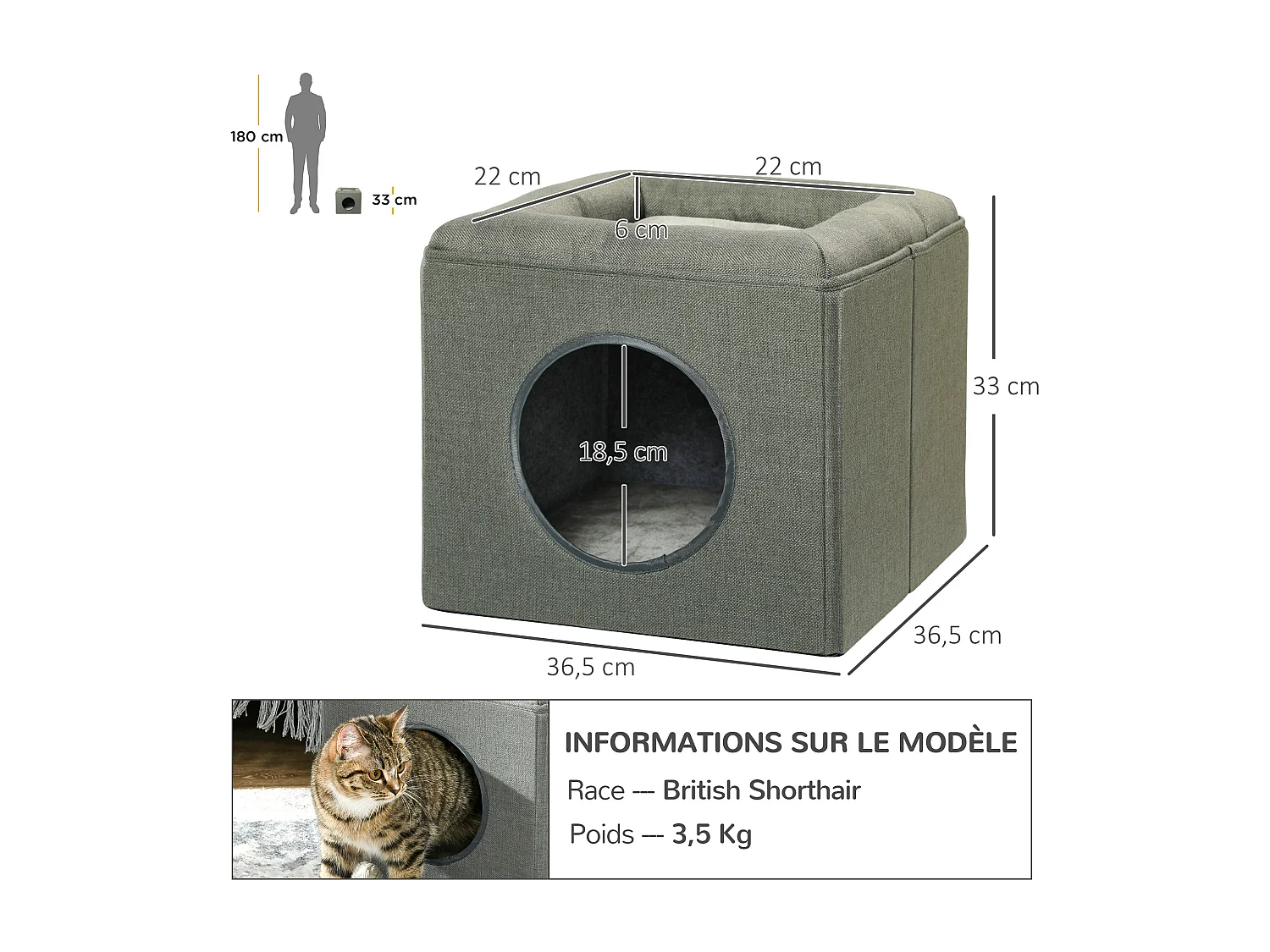 Panier chat pouf 2 en 1 - coussin amovible lavable - MDF PVC tissu aspect lin vert de gris