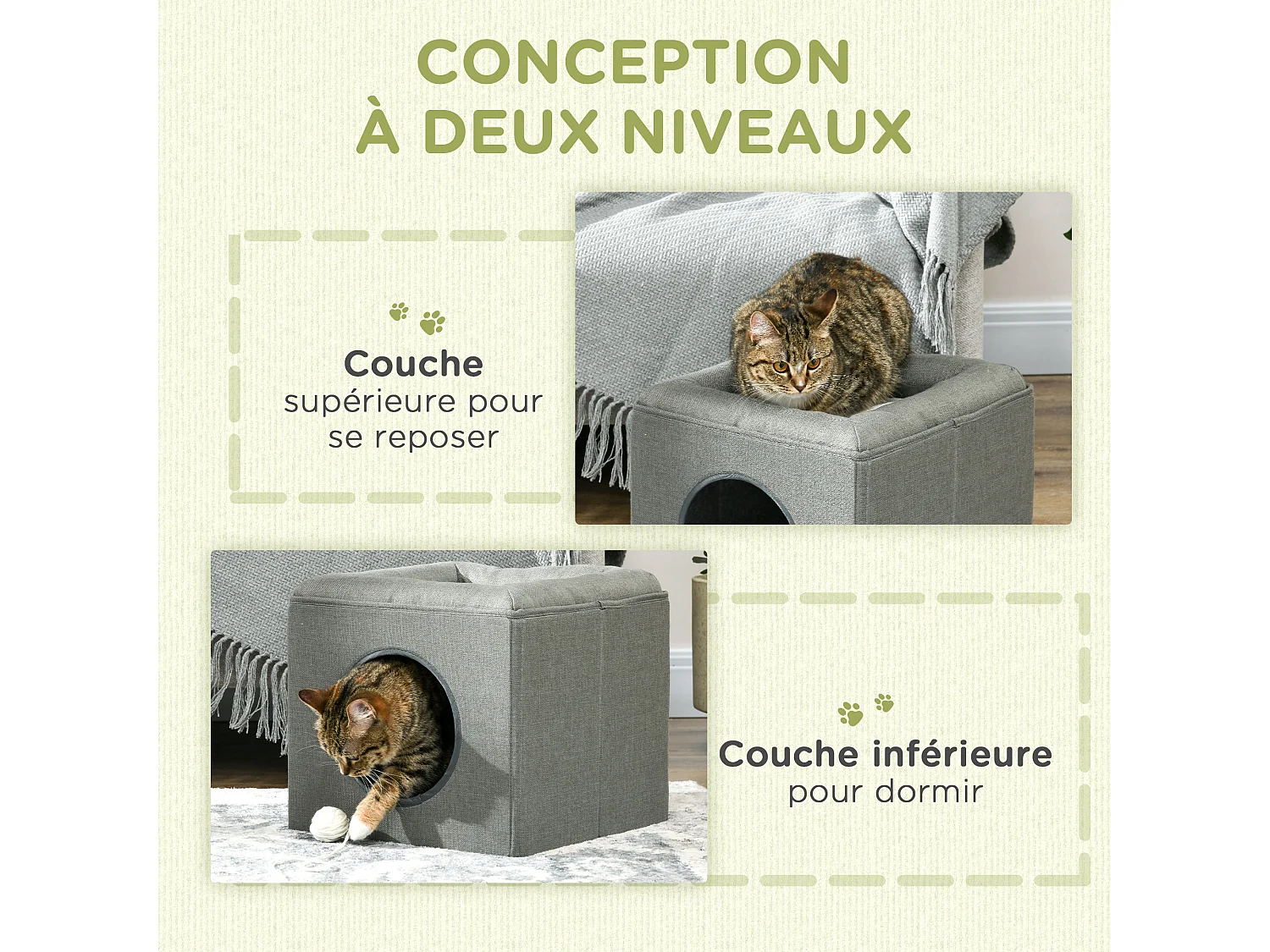 Panier chat pouf 2 en 1 - coussin amovible lavable - MDF PVC tissu aspect lin vert de gris