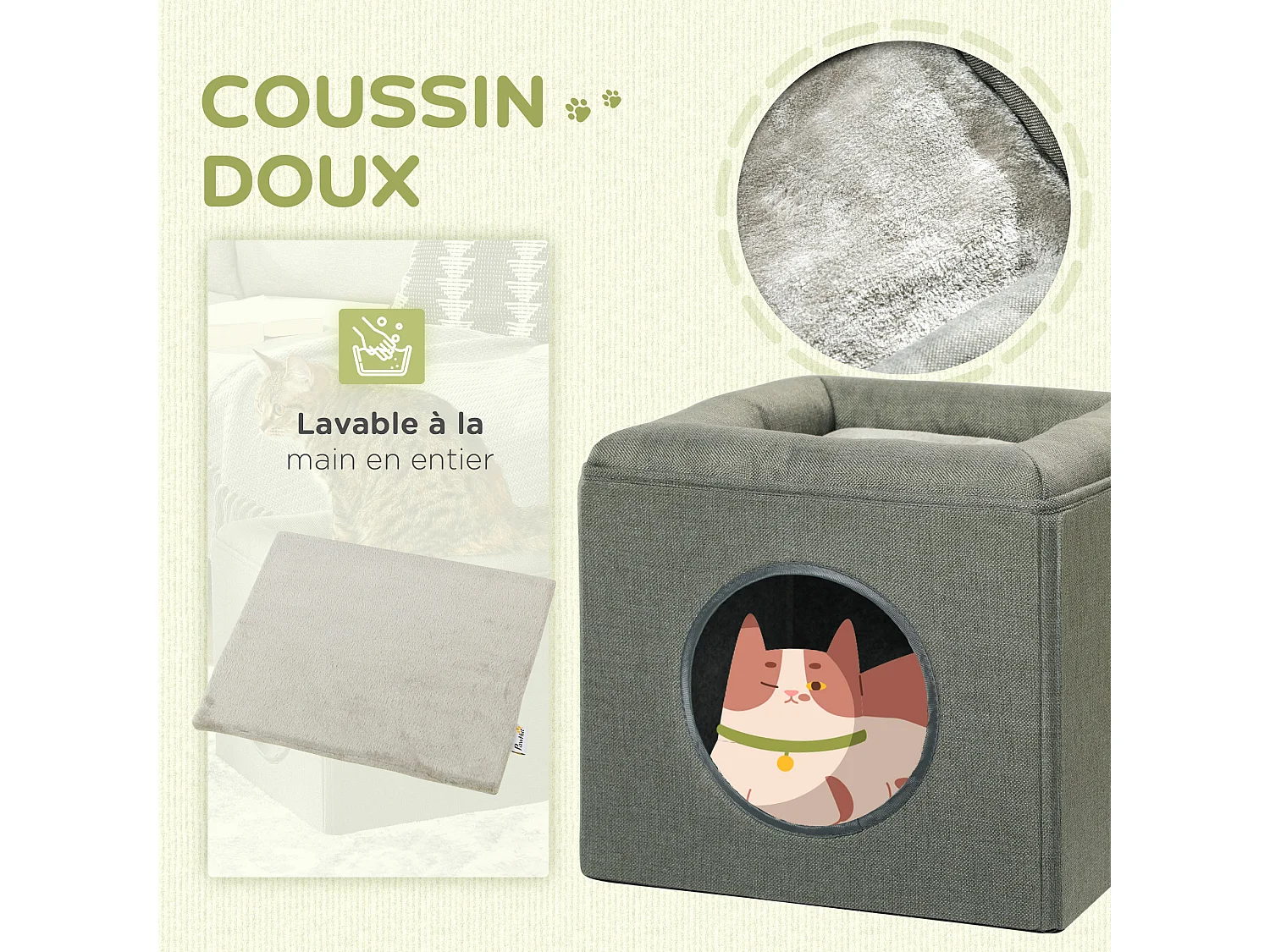 Panier chat pouf 2 en 1 - coussin amovible lavable - MDF PVC tissu aspect lin vert de gris