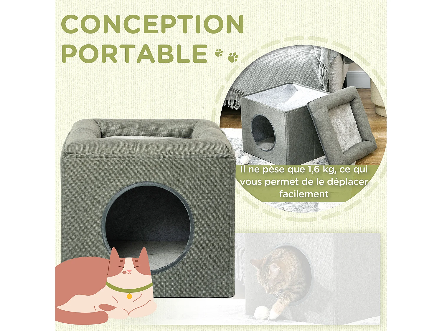 Panier chat pouf 2 en 1 - coussin amovible lavable - MDF PVC tissu aspect lin vert de gris