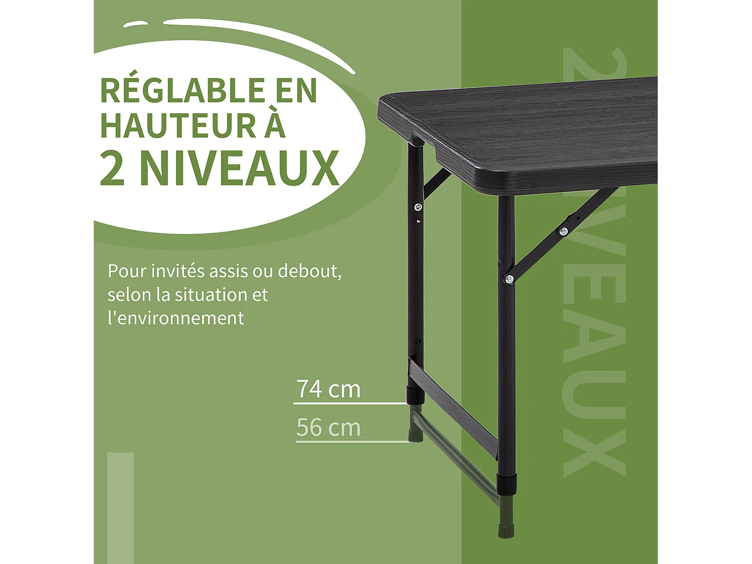 Table de jardin pliable 4 personnes table de camping pliable hauteur réglable acier époxy plateau HDPE aspect bois gris