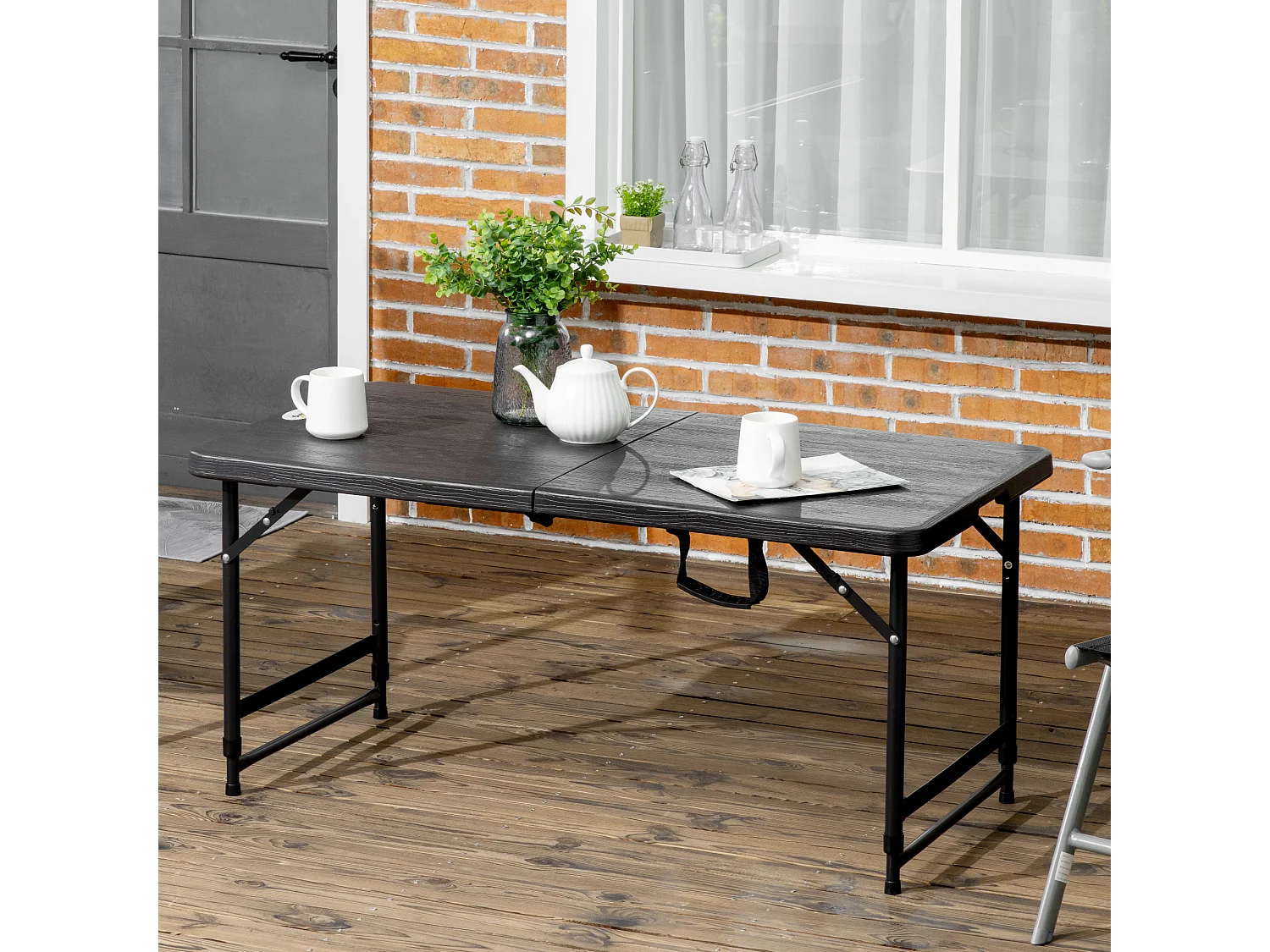 Table de jardin pliable 4 personnes table de camping pliable hauteur réglable acier époxy plateau HDPE aspect bois gris