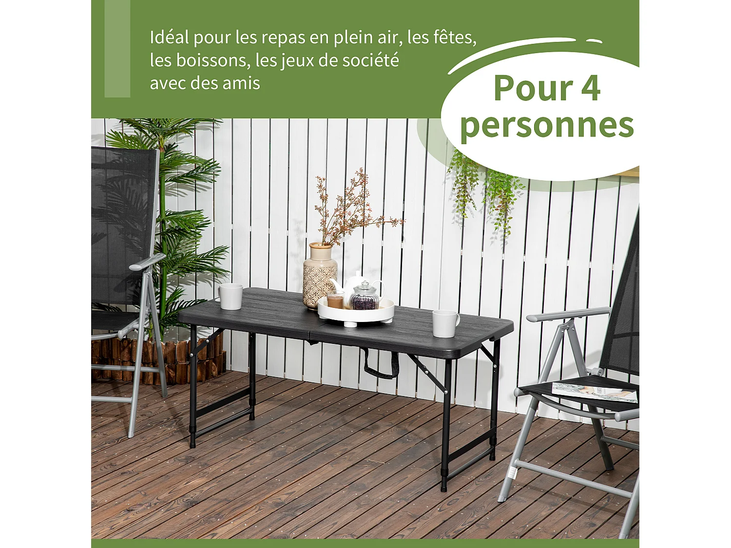 Table de jardin pliable 4 personnes table de camping pliable hauteur réglable acier époxy plateau HDPE aspect bois gris